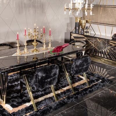 Elita Collection Black Glass Decorated Luxury Dining Room, Dining Table, Chair and Glass Console