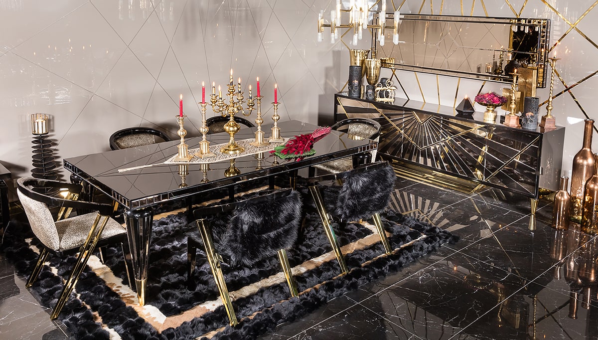 Elita Collection Black Glass Decorated Luxury Dining Room, Dining Table, Chair and Glass Console