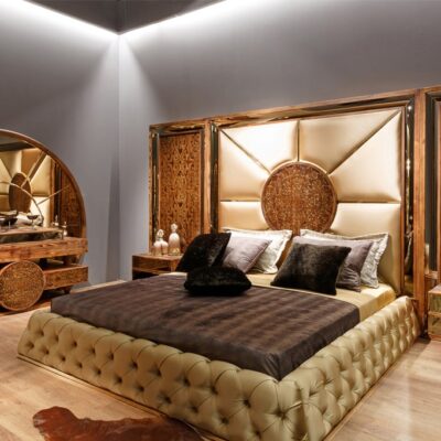 Faveran Collection Wooden Textured Luxury Bedroom Set, Bed, Wardrobe and 2 Nightstands