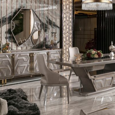 Gustora Collection Luxury Dining Room, Dining Table, Chairs and Mirror Console
