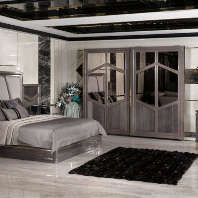 Ikonas Collection Modern Bedroom Set, Upholstered Bed, Nightstand, Mirrored Wardrobe and Dresser