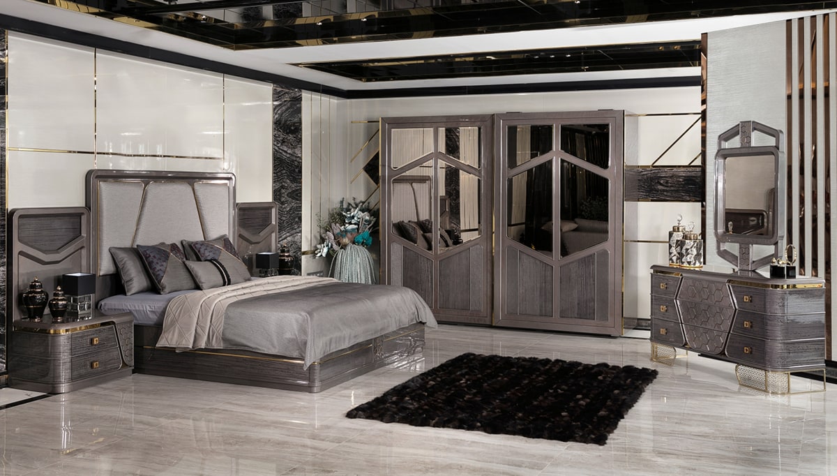 Ikonas Collection Modern Bedroom Set, Upholstered Bed, Nightstand, Mirrored Wardrobe and Dresser