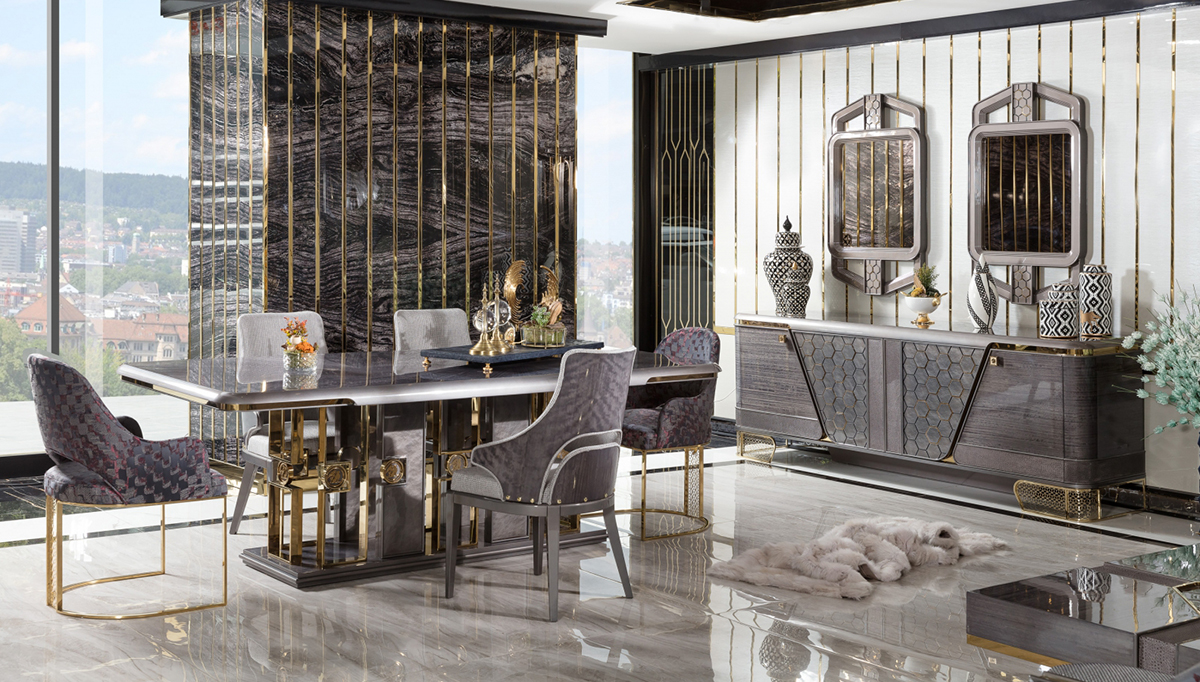 Ikonas Collection Modern Dining Room, High-end Design Dining Table, Single Seat and Mirrored Console