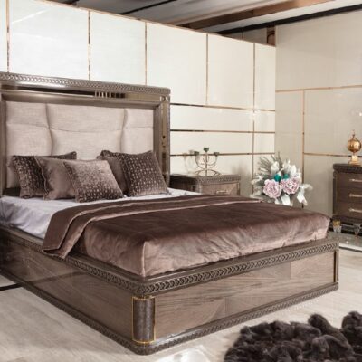 Notron Brown Collection Modern Bedroom, Upholstered Bed, Nightstand and Mirror Dresser