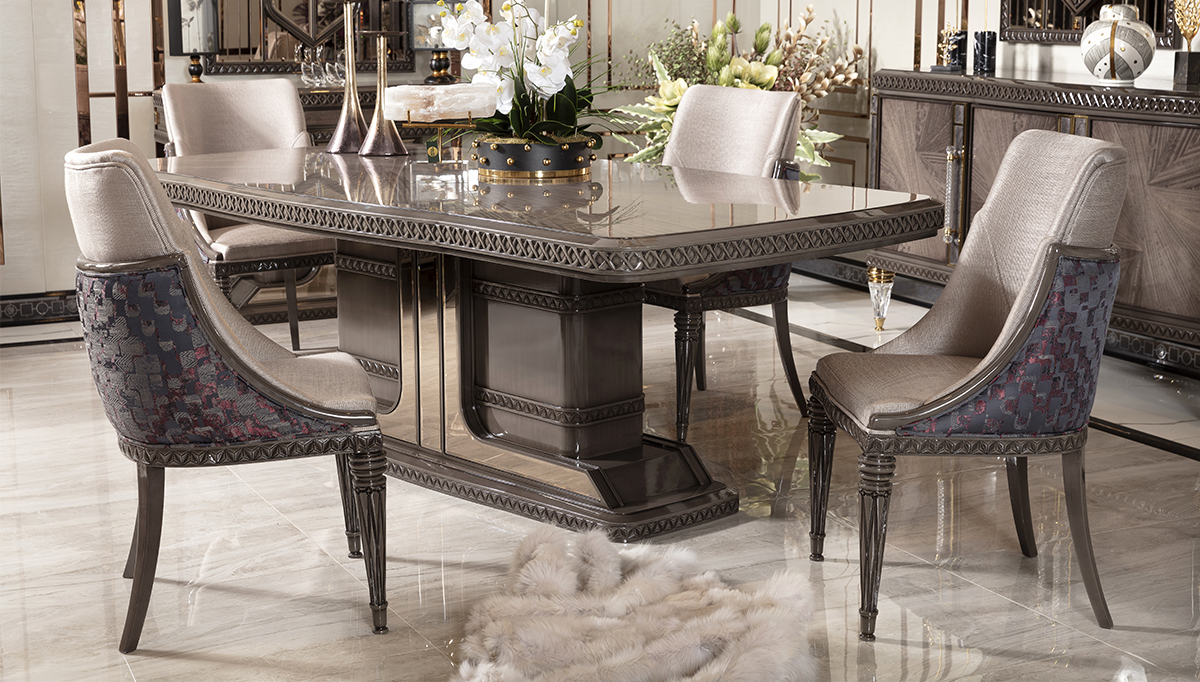 Notron Walnut Color Collection Modern Luxury Dining Room, Carved Edged Dining Table and High End Design Wooden Chairs