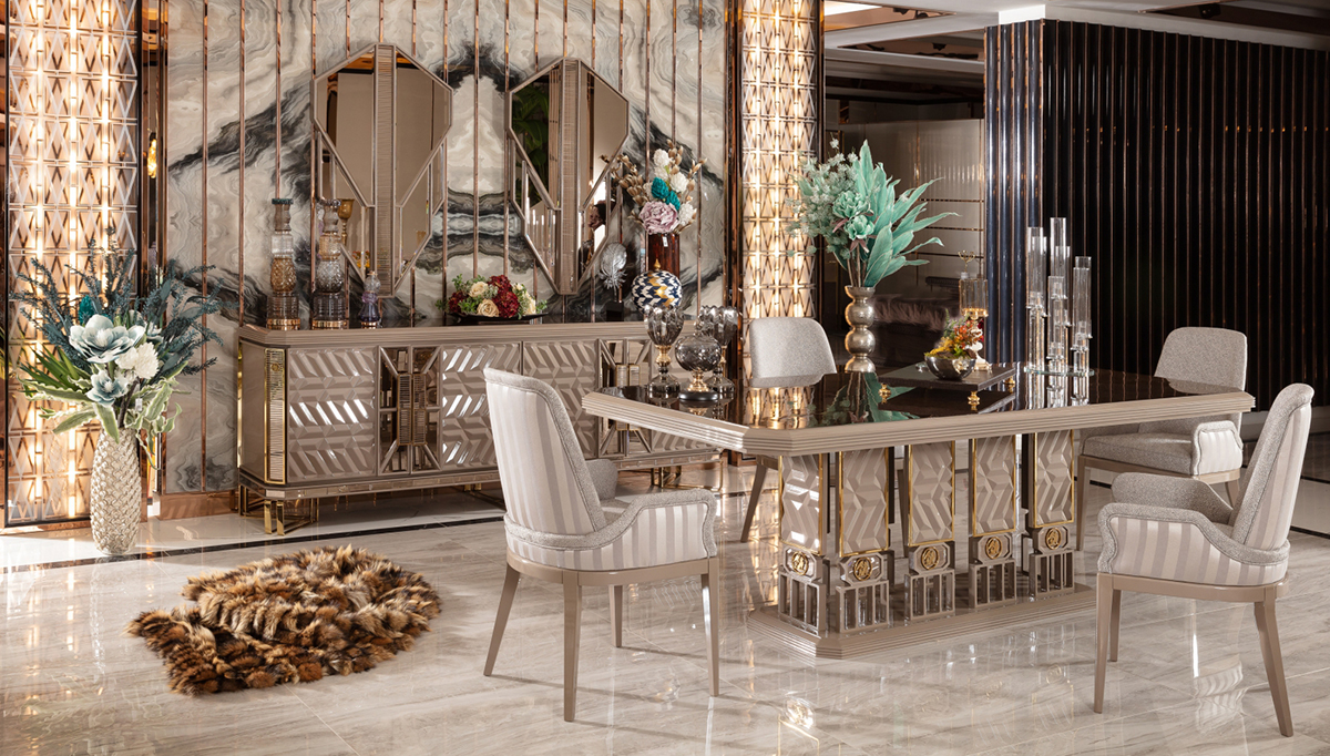 Portonas Collection Modern Dining Room, Dining Table, Striped Chairs and Mirrored Console