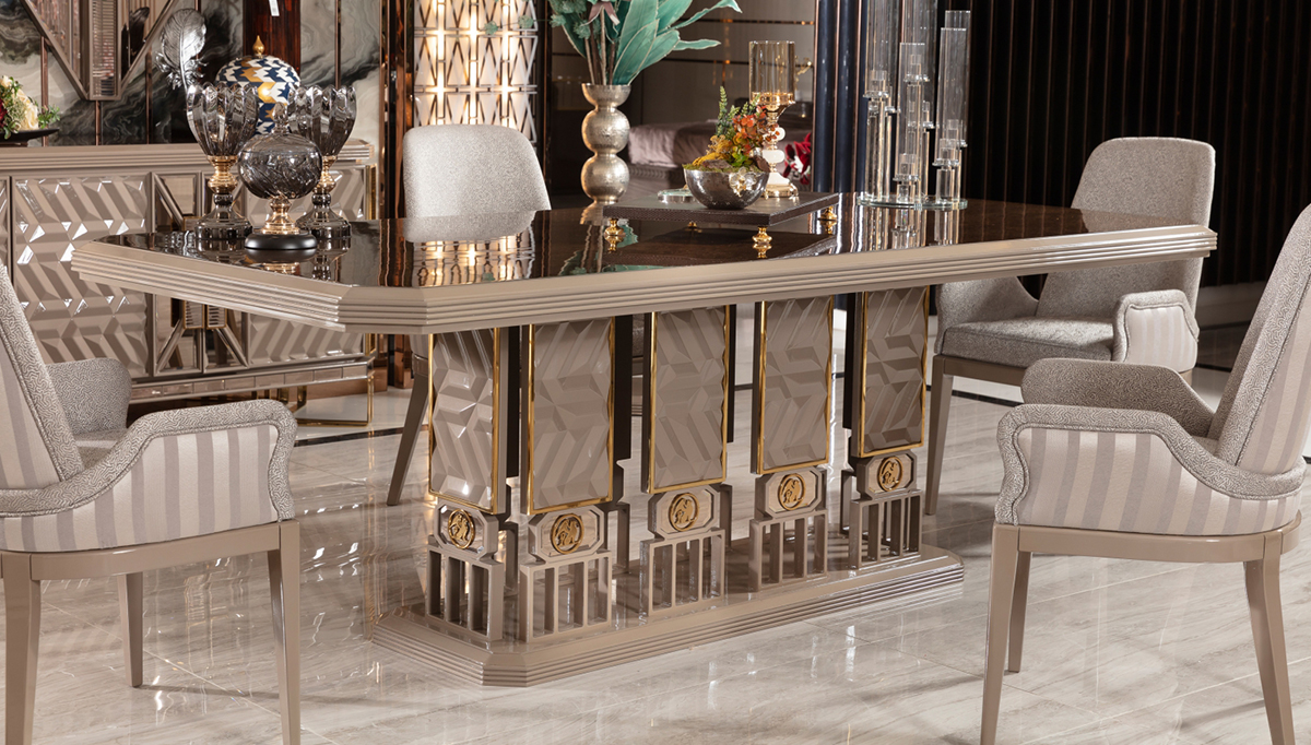 Portonas Collection Modern Luxury Dining Table and Striped Chairs
