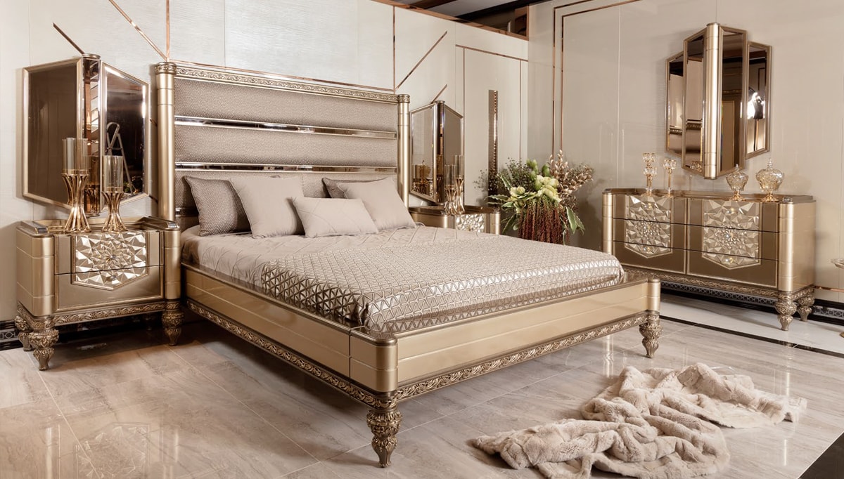 Suite Collection Luxury Bedroom, Upholstered Bed, Nightstand and Mirror Dresser