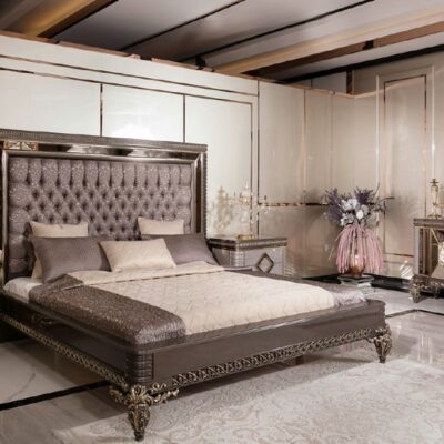 Zanka Collection Luxury Bedroom, Carved Pattern Bedroom Set, Bed, Nightstand and Dresser with Mirror