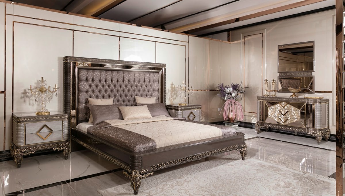 Zanka Collection Luxury Bedroom, Carved Pattern Bedroom Set, Bed, Nightstand and Dresser with Mirror