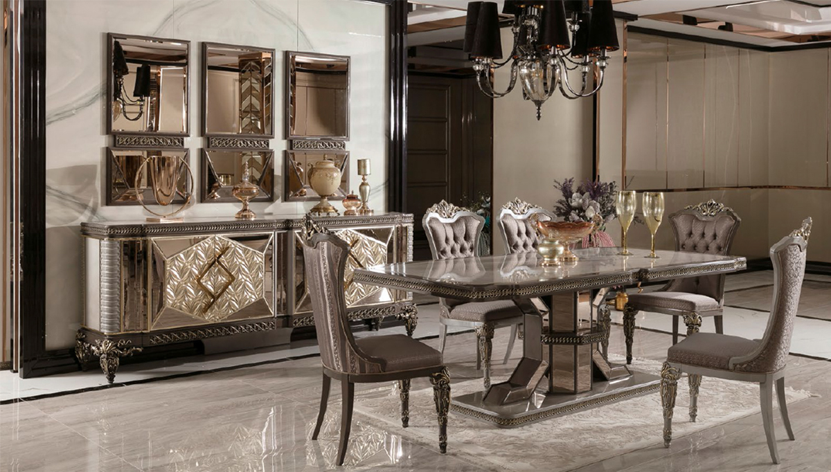 Zanka Collection Luxury Dining Room, Dining Table, Upholstered Chairs and Mirrored Console