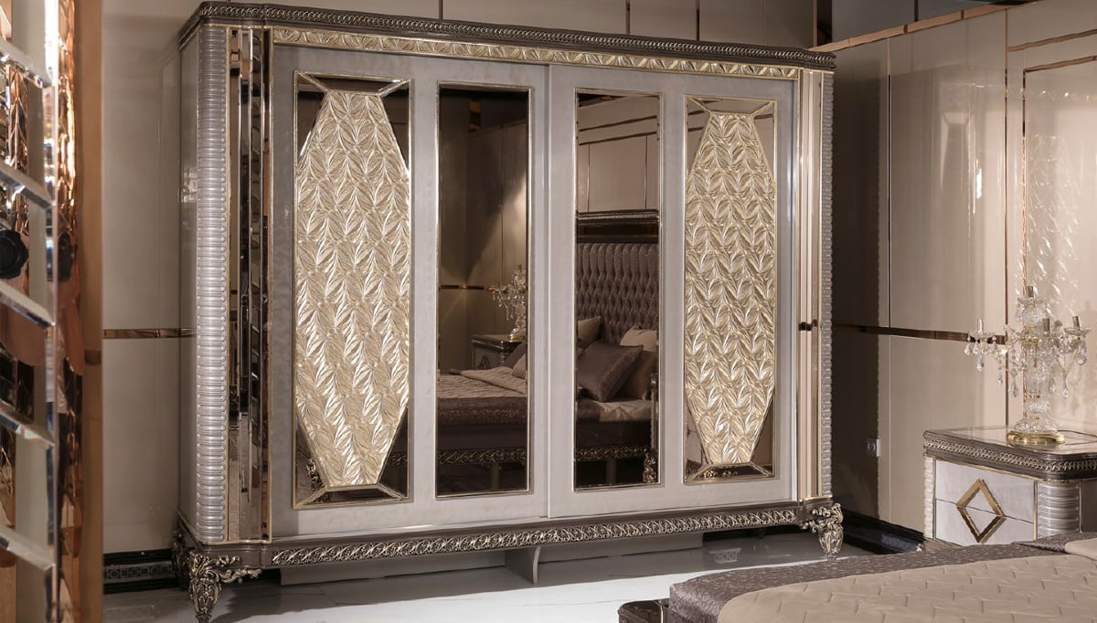 Zanka Collection Modern Luxury Mirrored Carved Pattern Wardrobe
