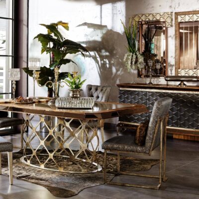 Evista Collection Luxury Dining Room Dining Table Chairs and Mirrored Console