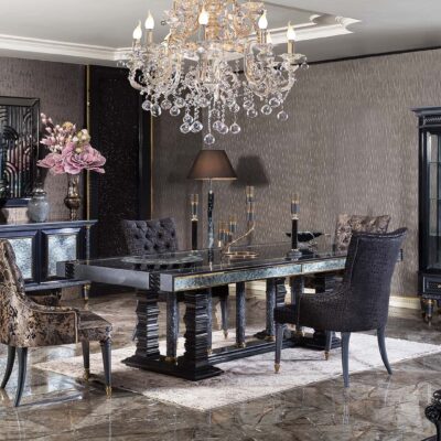 Larissa Collection Luxury Dining Room Dining Table Chairs and Mirrored Console