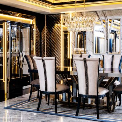 Madreno Collection Luxury Dining Table Chairs Showcase and Mirrored Console