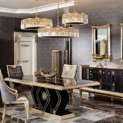 Rodos Collection Luxury Dining Room Dining Table Chairs and Mirrored Console
