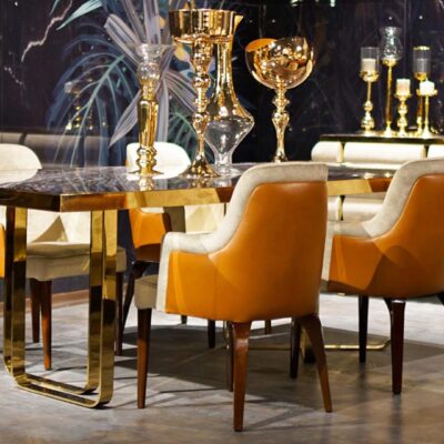 Royeta Metal Collection Luxury Dining Room Dining Table Chairs and Mirrored Console
