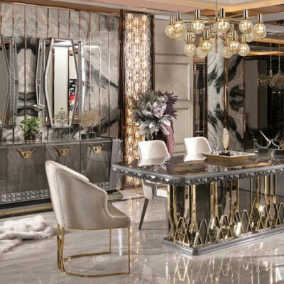 Tudo Metal Collection Dining Room Dining Table Chairs and Mirrored Console
