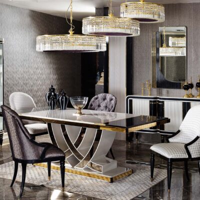 Varna Collection Luxury Dining Room Dining Table Chairs and Mirrored Console