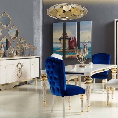 Virena Collection Luxury Dining Room Dining Table Chairs and Mirrored Console